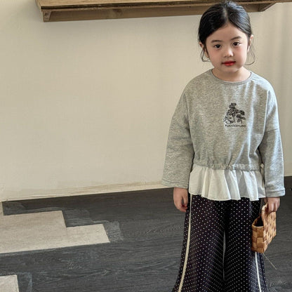 長袖Tシャツ 刺繍ワンポイントレース裾長袖スウェットTシャツ【mh0009223】