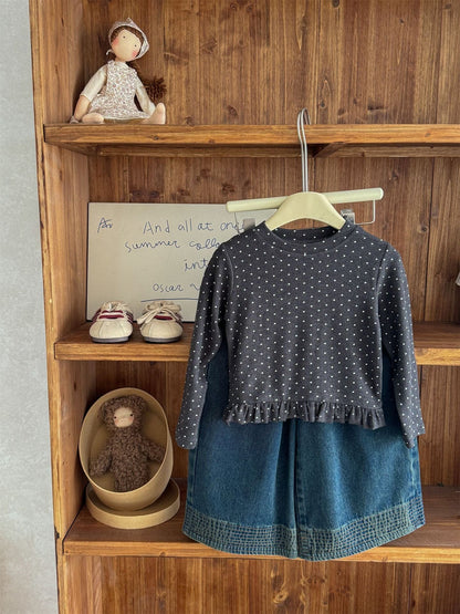 長袖Tシャツ ドット柄フリルヘム長袖Tシャツ キッズカットソー【mh0011004】