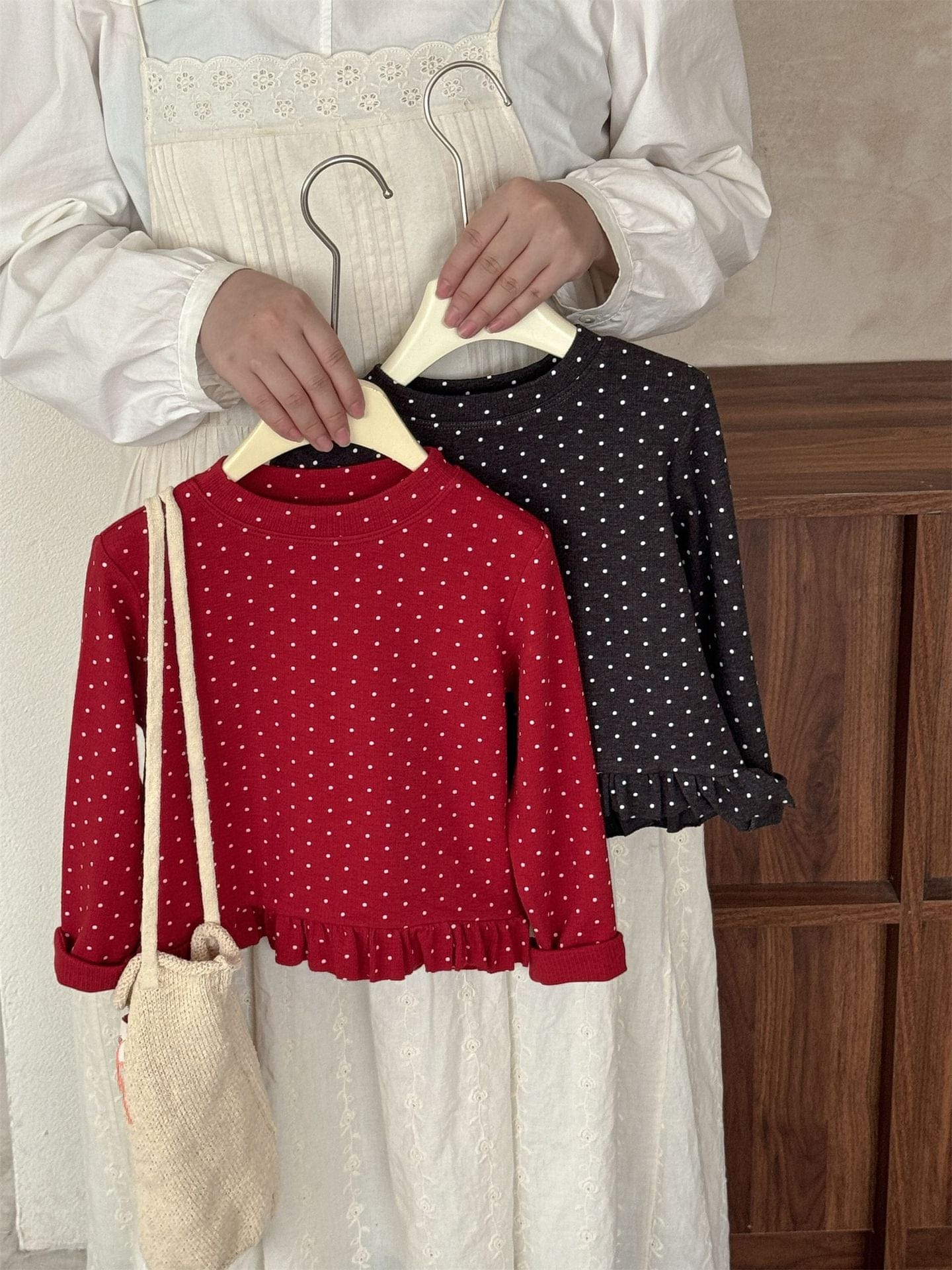 長袖Tシャツ ドット柄フリルヘム長袖Tシャツ キッズカットソー【mh0011004】