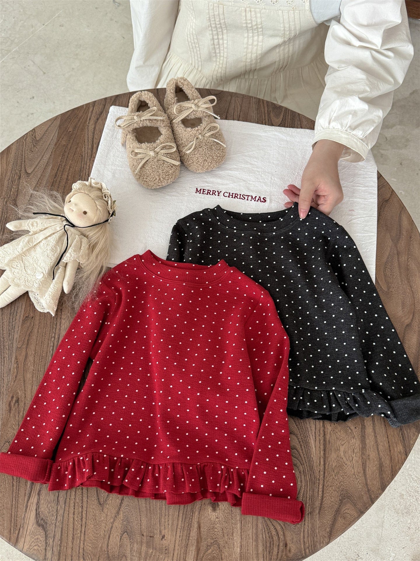 長袖Tシャツ ドット柄フリルヘム長袖Tシャツ キッズカットソー【mh0011004】