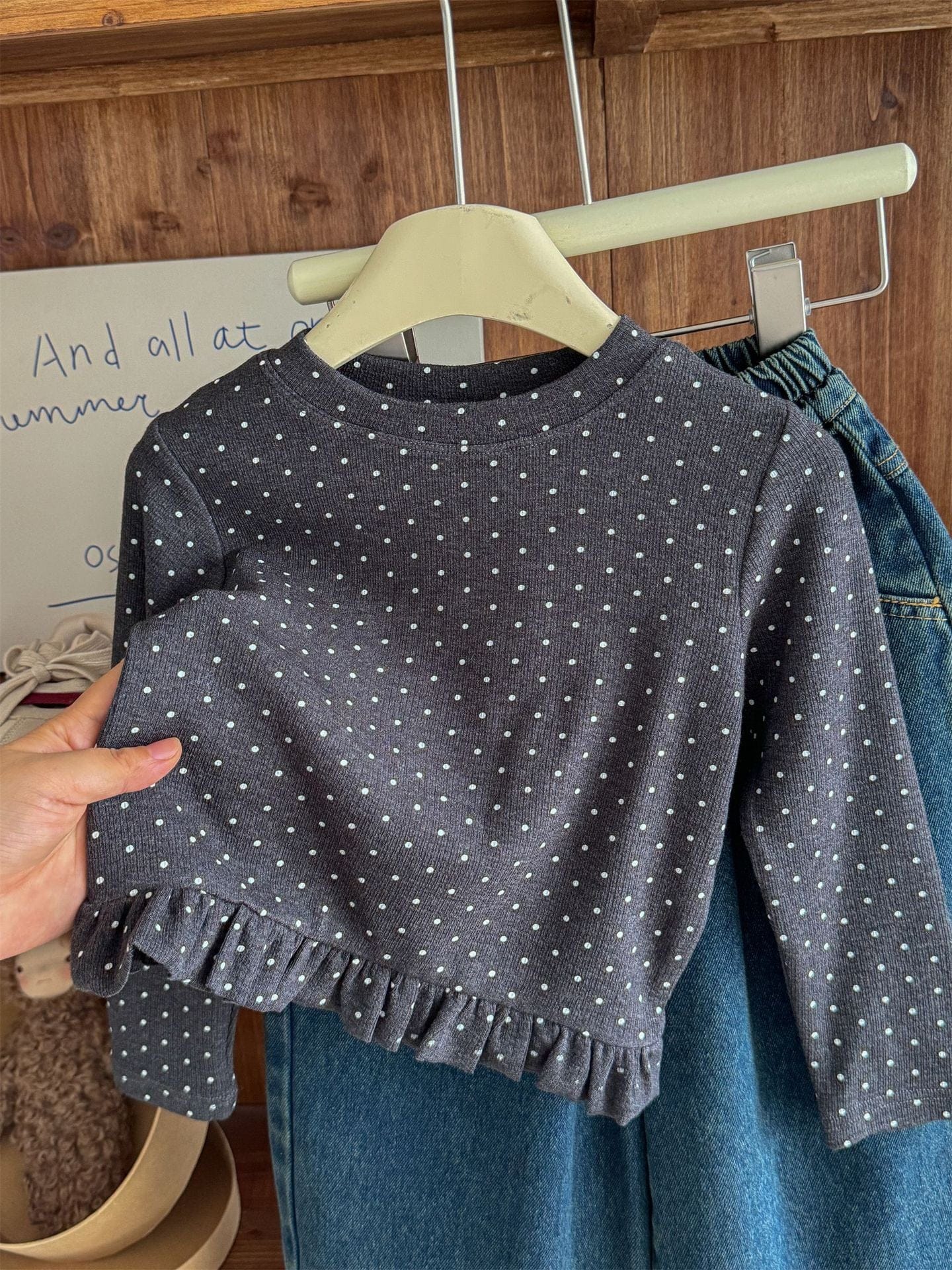 長袖Tシャツ ドット柄フリルヘム長袖Tシャツ キッズカットソー【mh0011004】