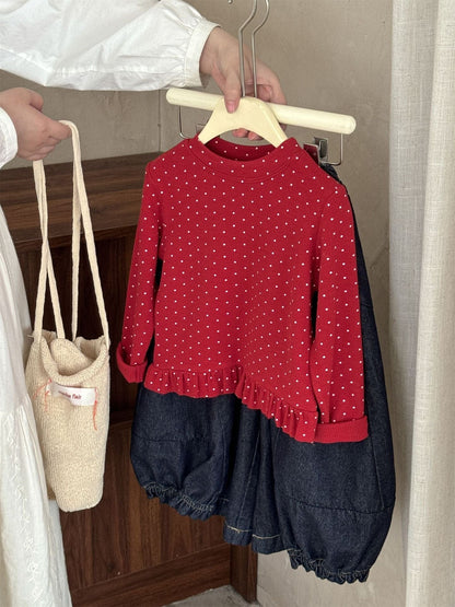 長袖Tシャツ ドット柄フリルヘム長袖Tシャツ キッズカットソー【mh0011004】