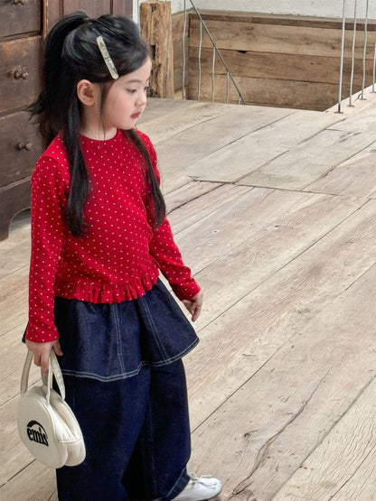 長袖Tシャツ ドット柄フリルヘム長袖Tシャツ キッズカットソー【mh0011004】