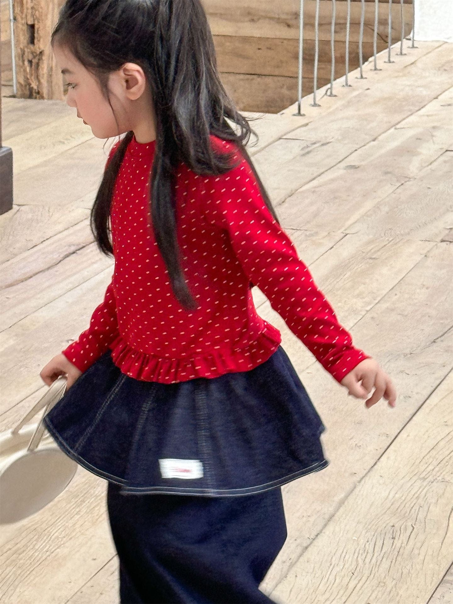 長袖Tシャツ ドット柄フリルヘム長袖Tシャツ キッズカットソー【mh0011004】