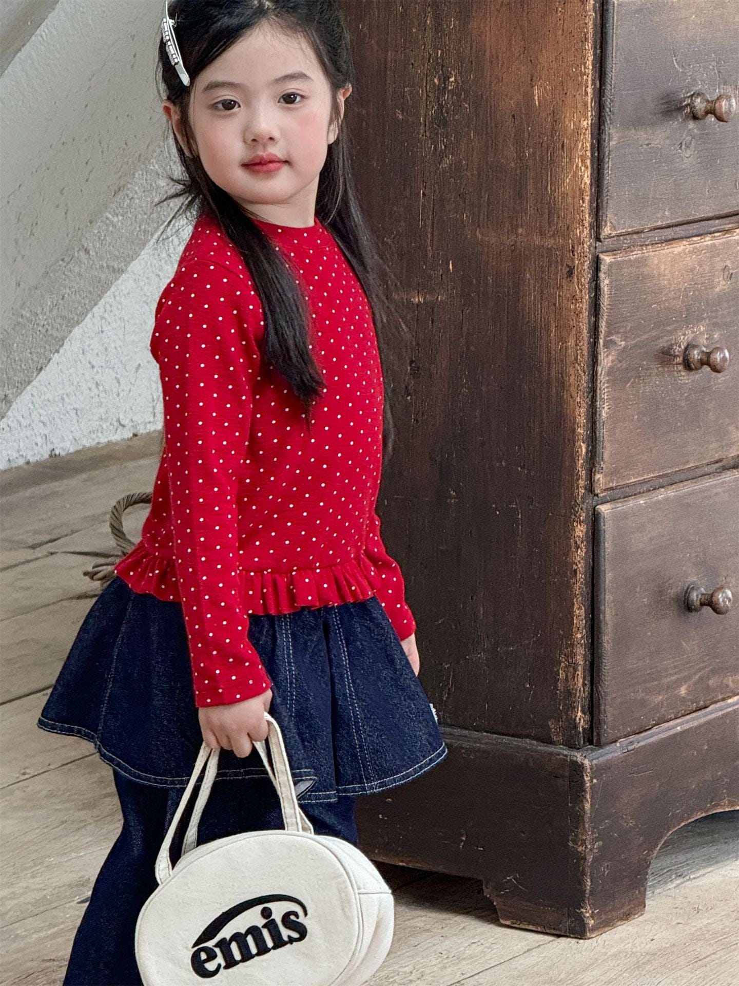 長袖Tシャツ ドット柄フリルヘム長袖Tシャツ キッズカットソー【mh0011004】