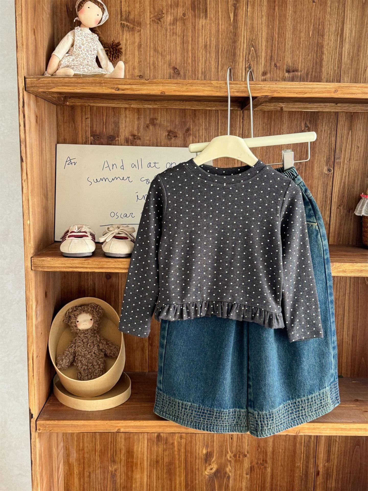 長袖Tシャツ ドット柄フリルヘム長袖Tシャツ キッズカットソー【mh0011004】