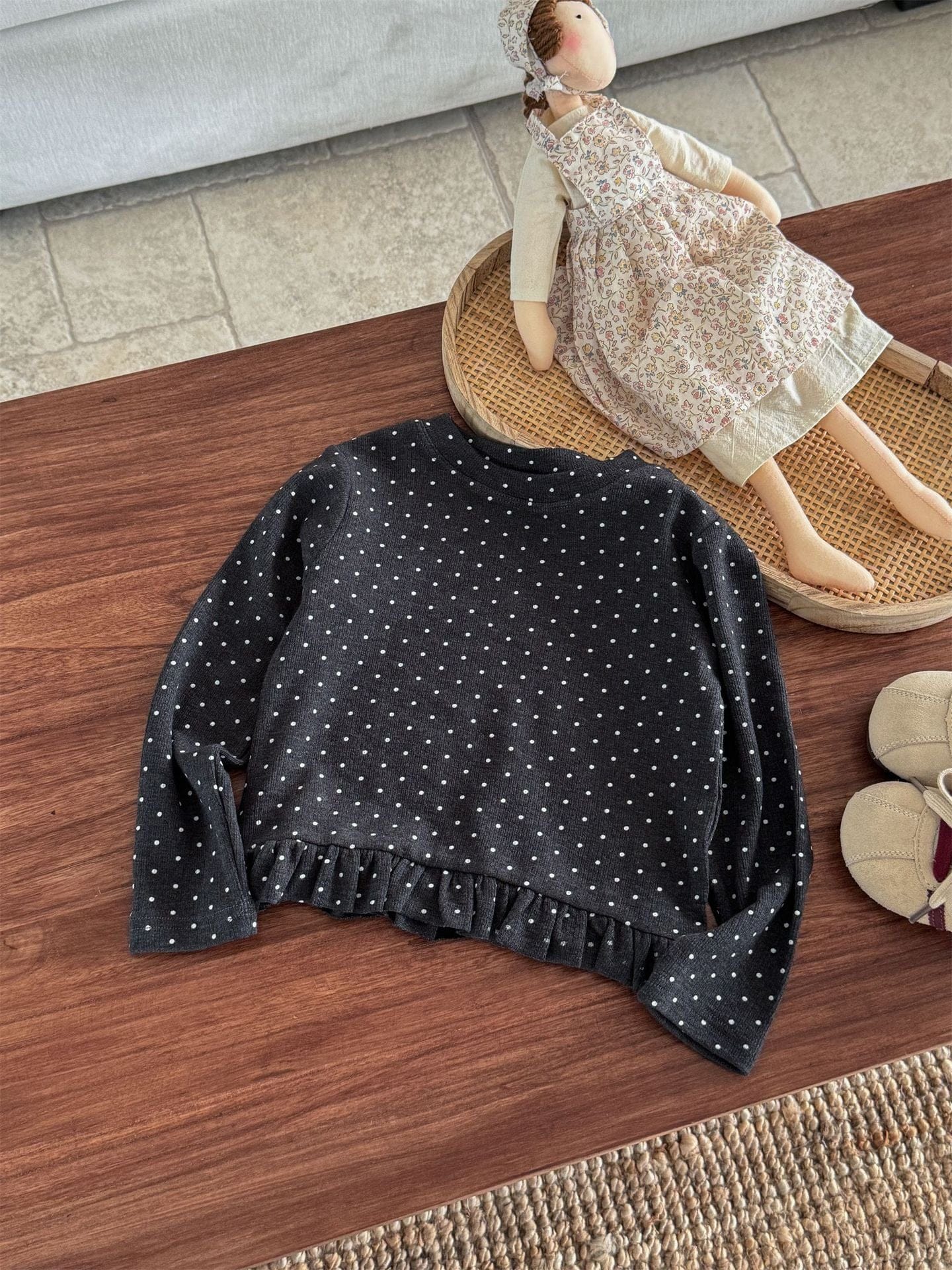 長袖Tシャツ ドット柄フリルヘム長袖Tシャツ キッズカットソー【mh0011004】