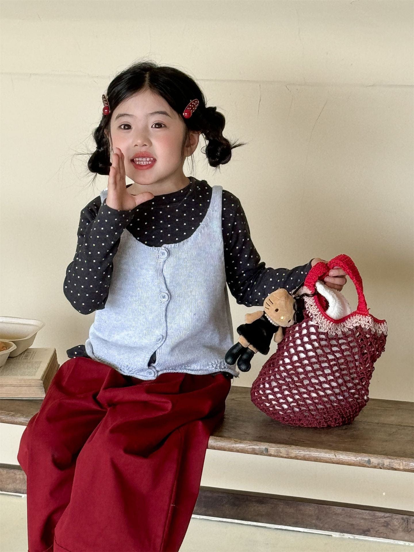 長袖Tシャツ ドット柄フリルヘム長袖Tシャツ キッズカットソー【mh0011004】