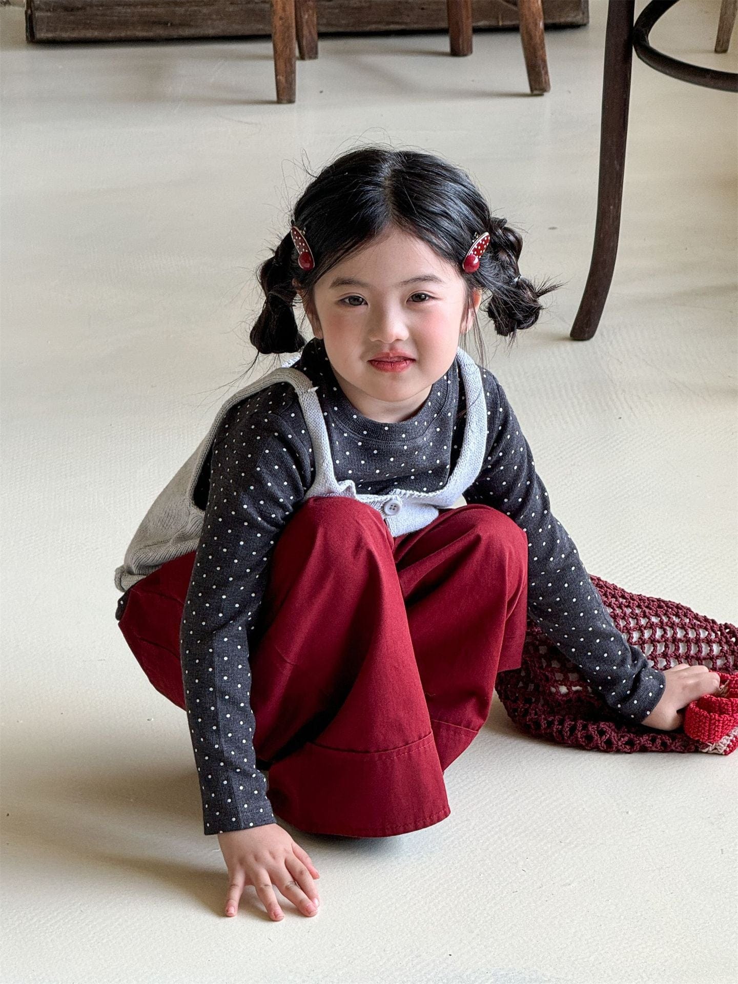 長袖Tシャツ ドット柄フリルヘム長袖Tシャツ キッズカットソー【mh0011004】