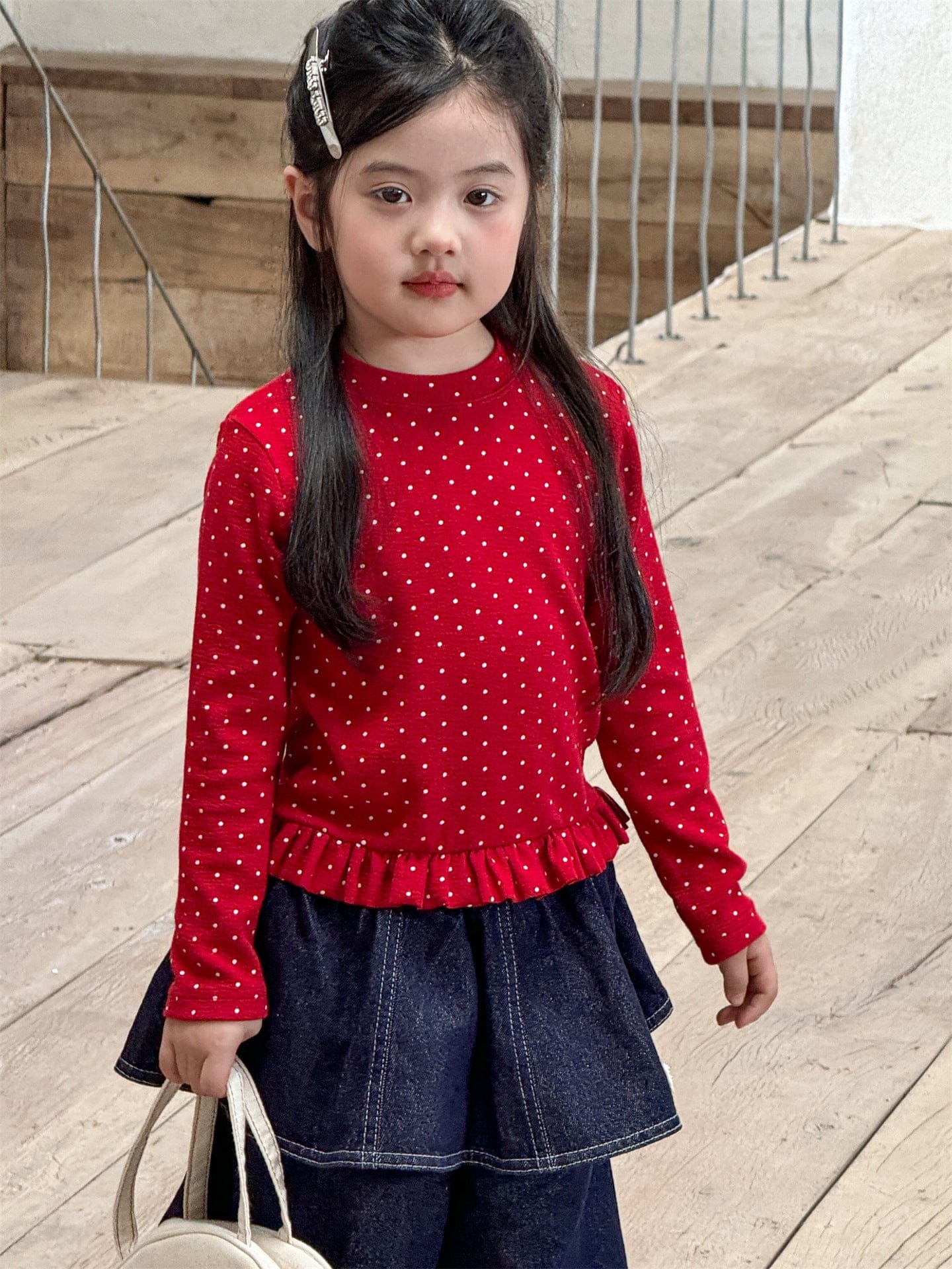 長袖Tシャツ ドット柄フリルヘム長袖Tシャツ キッズカットソー【mh0011004】