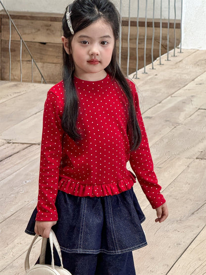 長袖Tシャツ ドット柄フリルヘム長袖Tシャツ キッズカットソー【mh0011004】