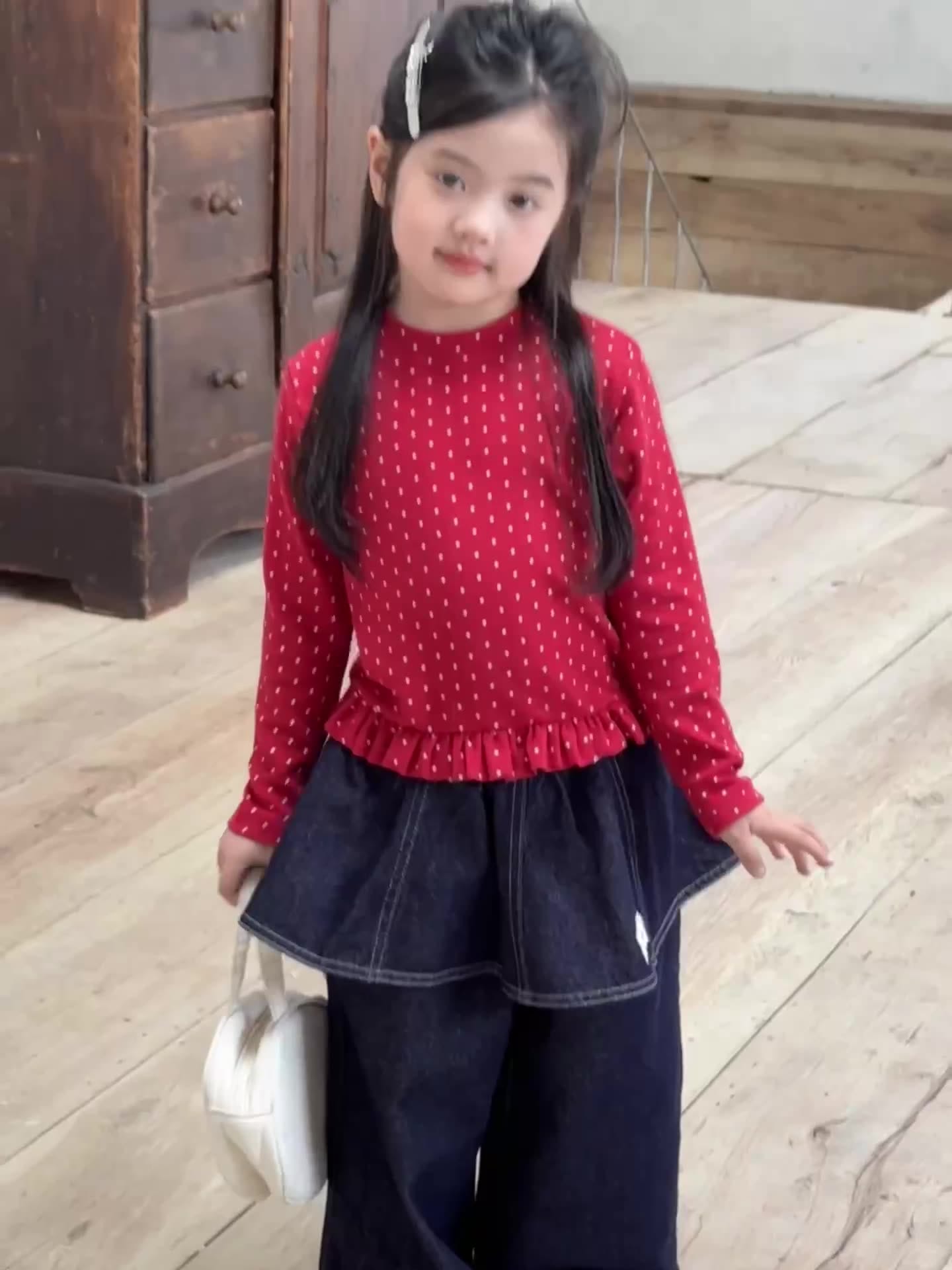 長袖Tシャツ ドット柄フリルヘム長袖Tシャツ キッズカットソー【mh0011004】