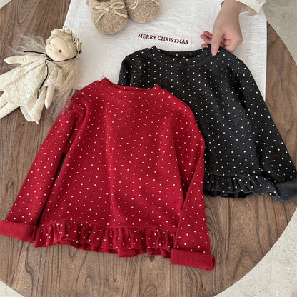 長袖Tシャツ ドット柄フリルヘム長袖Tシャツ キッズカットソー【mh0011004】