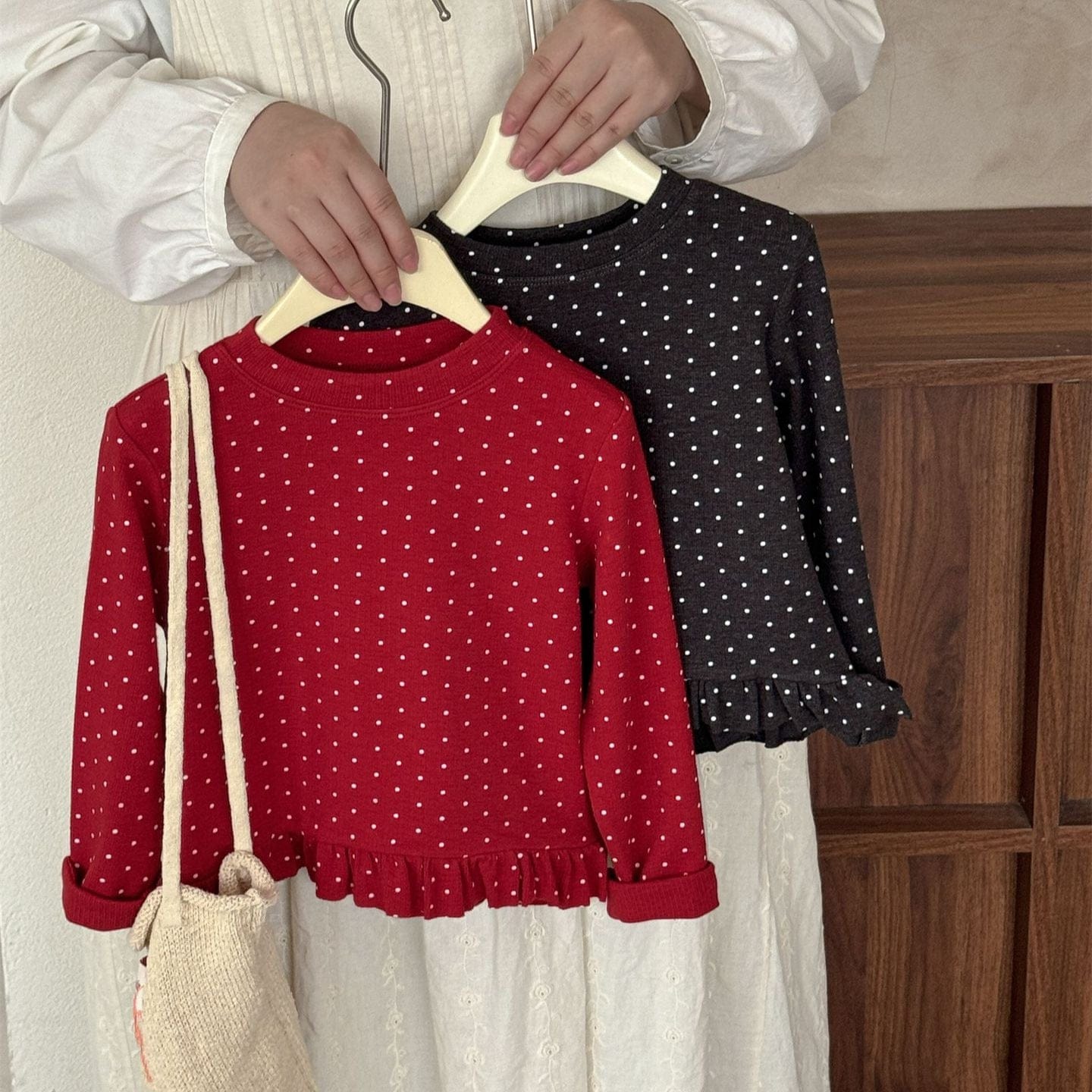 長袖Tシャツ ドット柄フリルヘム長袖Tシャツ キッズカットソー【mh0011004】