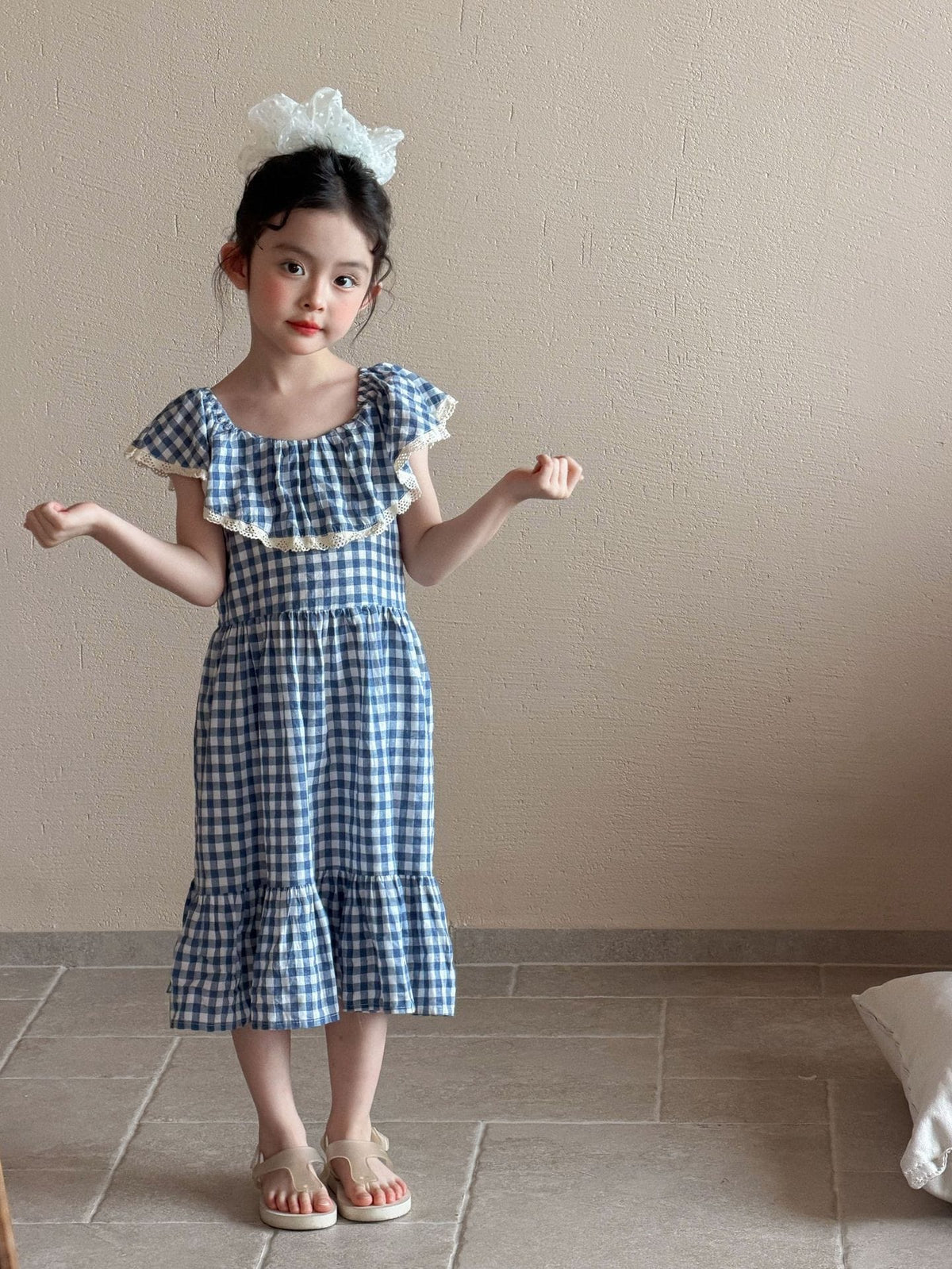 Large Lapel Plaid Casual Vacation Seaside Dress チェック 半袖ワンピース【mh0013288】 Blue / 90cm Mu Zika 半袖ワンピース