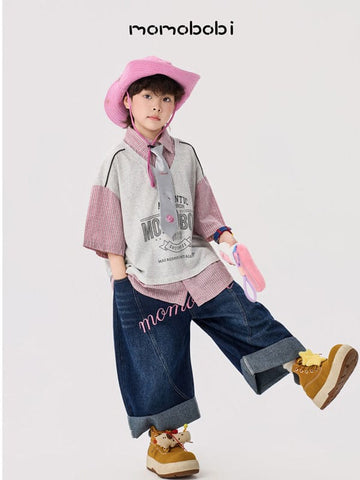 Layered Check Shirt & Denim レイヤード風 半袖シャツ デニムパンツ【mh0012996】 mamahalo shop 半袖セットアップ