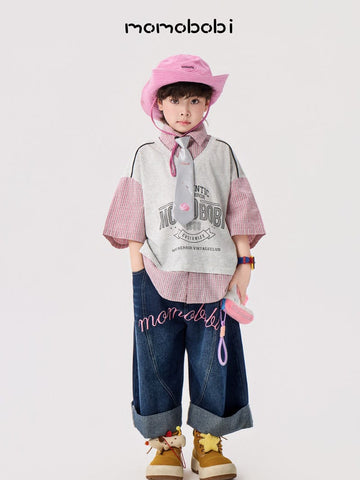 Layered Check Shirt & Denim レイヤード風 半袖シャツ デニムパンツ【mh0012996】 mamahalo shop 半袖セットアップ