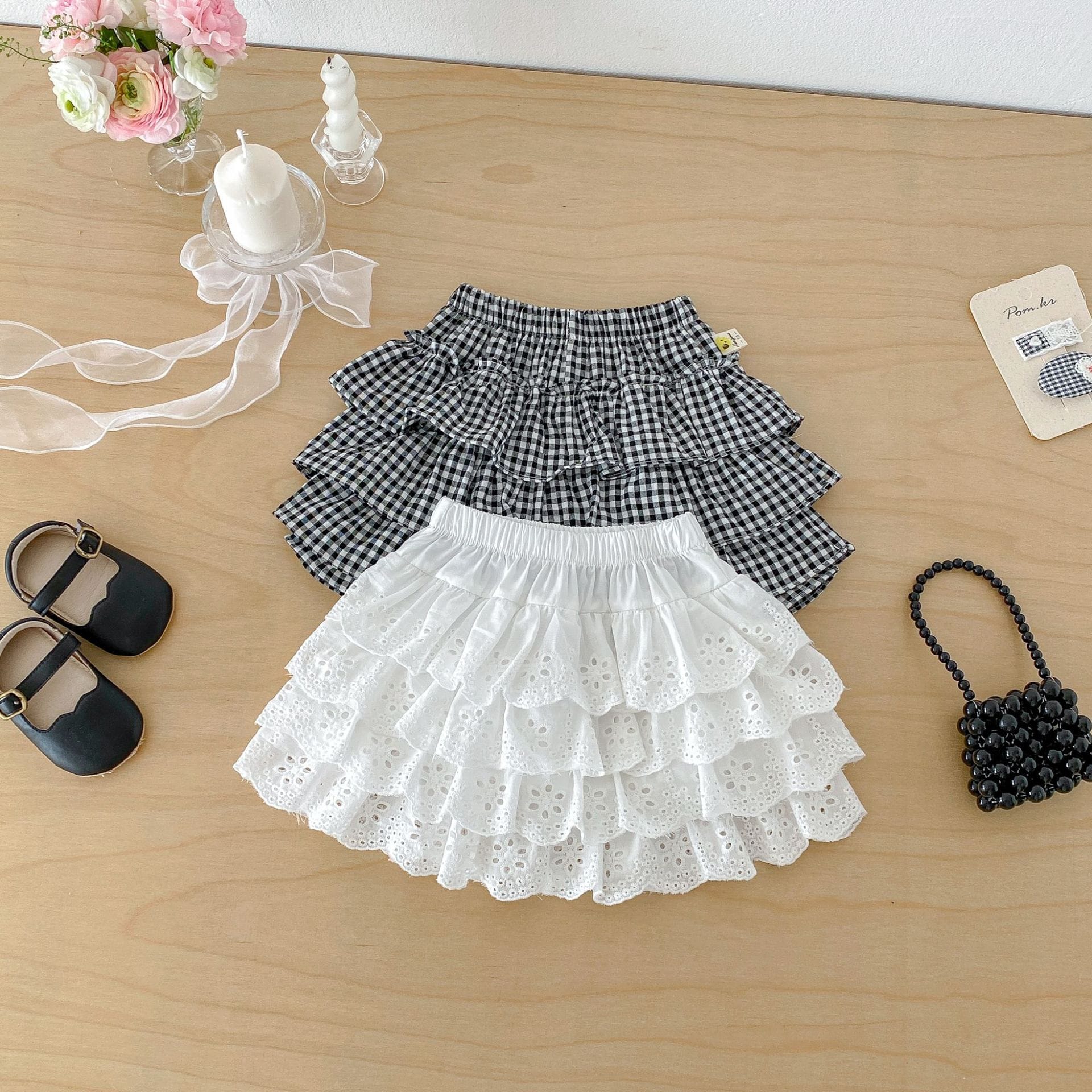 Layered Ruffle Cotton Skirt レース ギンガムチェック スカート【mh0012706】 angou スカート