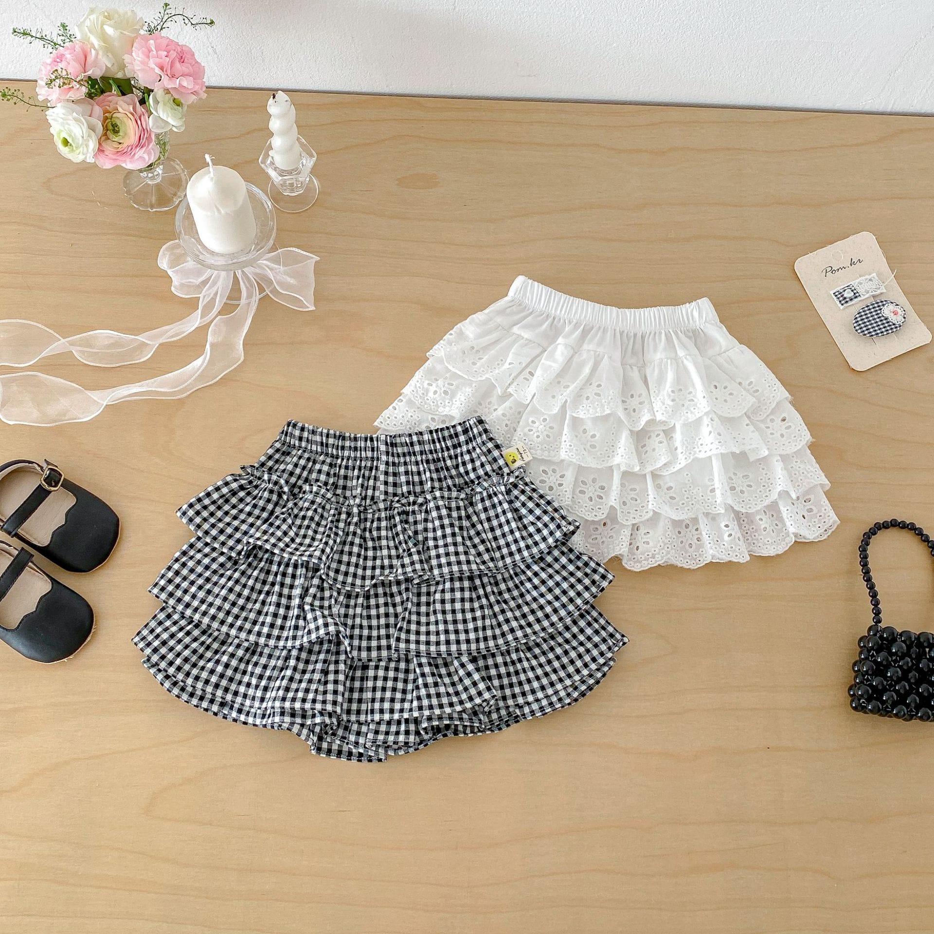 Layered Ruffle Cotton Skirt レース ギンガムチェック スカート【mh0012706】 angou スカート