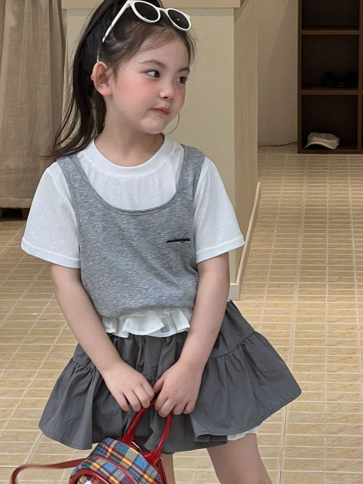 Layered Short-Sleeve T-shirt Lace Skirt ドッキング 半袖Tシャツ フリルスカート【mh0013303】 Mu Zika 半袖セットアップ