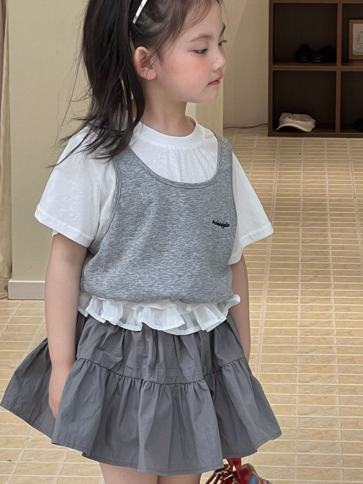 Layered Short-Sleeve T-shirt Lace Skirt ドッキング 半袖Tシャツ フリルスカート【mh0013303】 Mu Zika 半袖セットアップ