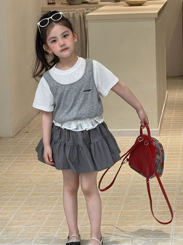 Layered Short-Sleeve T-shirt Lace Skirt ドッキング 半袖Tシャツ フリルスカート【mh0013303】 Mu Zika 半袖セットアップ