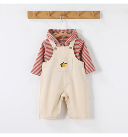 刺繍入りオーバーオール（生成り）レモン刺繍入り、肩ひも前開きボタン