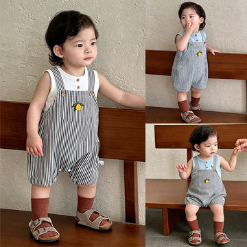 Lemon Striped Bib Shorts ストライプ 刺繍サロペット【mh0013036】 Beitaoya サロペットパンツ・サスペンダーパンツ