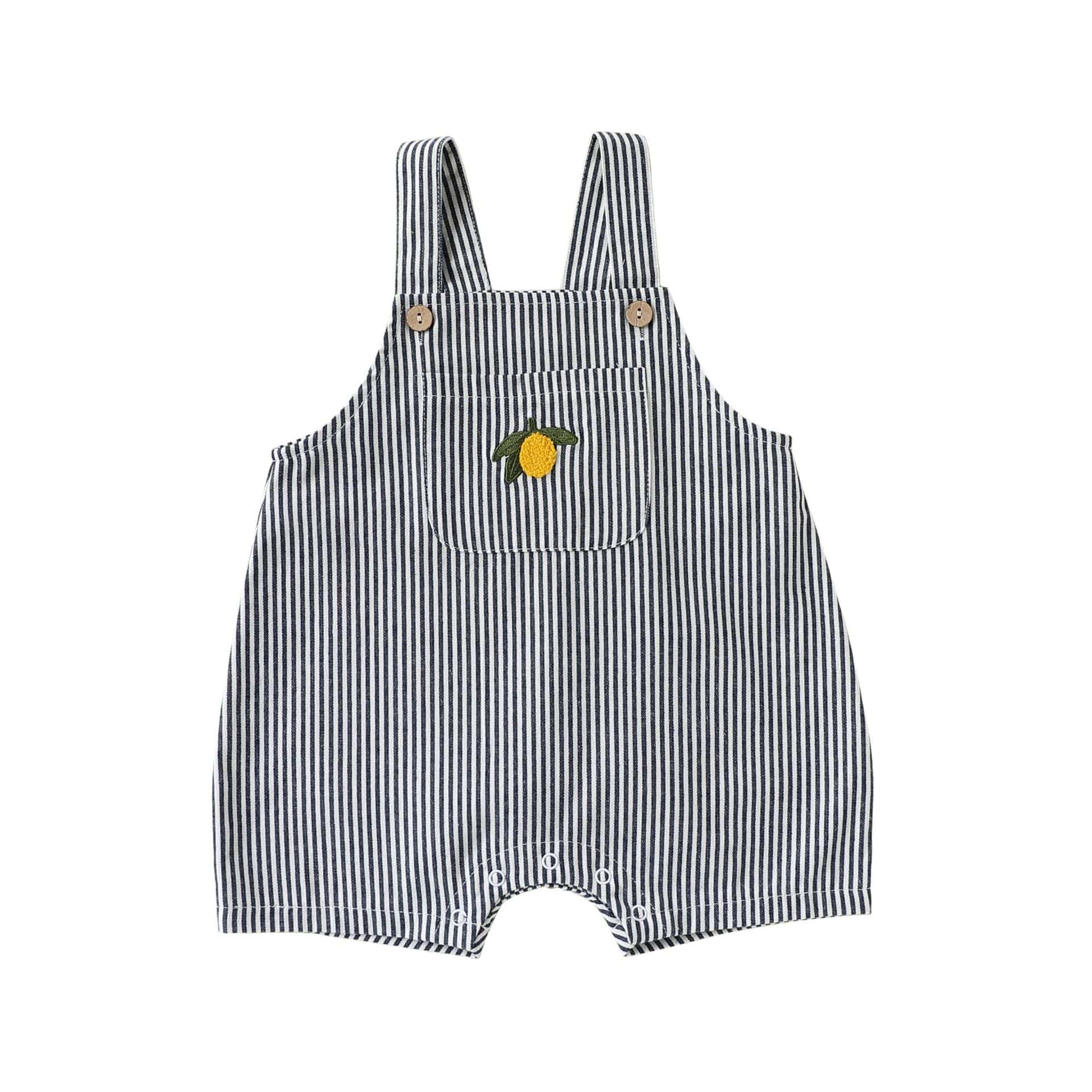 Lemon Striped Bib Shorts ストライプ 刺繍サロペット【mh0013036】 Lemon black and white stripes / 73cm Beitaoya サロペットパンツ・サスペンダーパンツ
