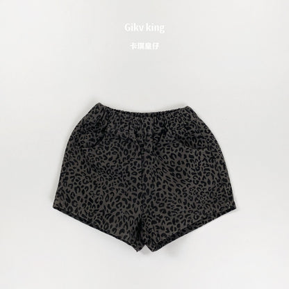 ヒョウ柄コットン ショートパンツ（グレー）フロントゴムウエスト