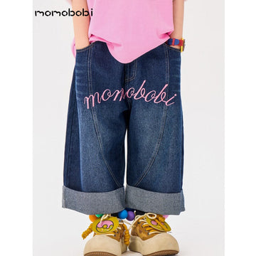 Letter Embroidered Denim Pants 刺繍 デニムパンツ【mh0013003】 momobobi デニムパンツ