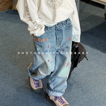 Letter Embroidery Distressed Jeans 刺繍 ダメージ デニムパンツ【mh0012475】 ADbaby デニムパンツ