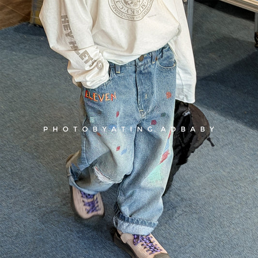 Letter Embroidery Distressed Jeans 刺繍 ダメージ デニムパンツ【mh0012475】 ADbaby デニムパンツ