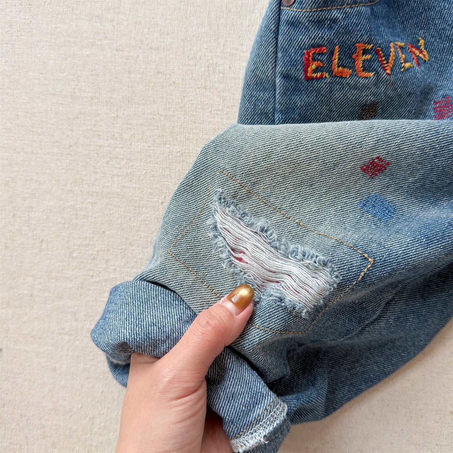 Letter Embroidery Distressed Jeans 刺繍 ダメージ デニムパンツ【mh0012475】 ADbaby デニムパンツ
