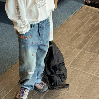Letter Embroidery Distressed Jeans 刺繍 ダメージ デニムパンツ【mh0012475】 ADbaby デニムパンツ