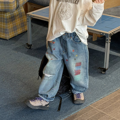 Letter Embroidery Distressed Jeans 刺繍 ダメージ デニムパンツ【mh0012475】 ADbaby デニムパンツ