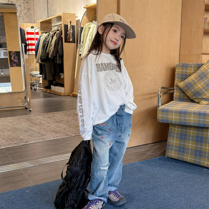 Letter Embroidery Distressed Jeans 刺繍 ダメージ デニムパンツ【mh0012475】 ADbaby デニムパンツ
