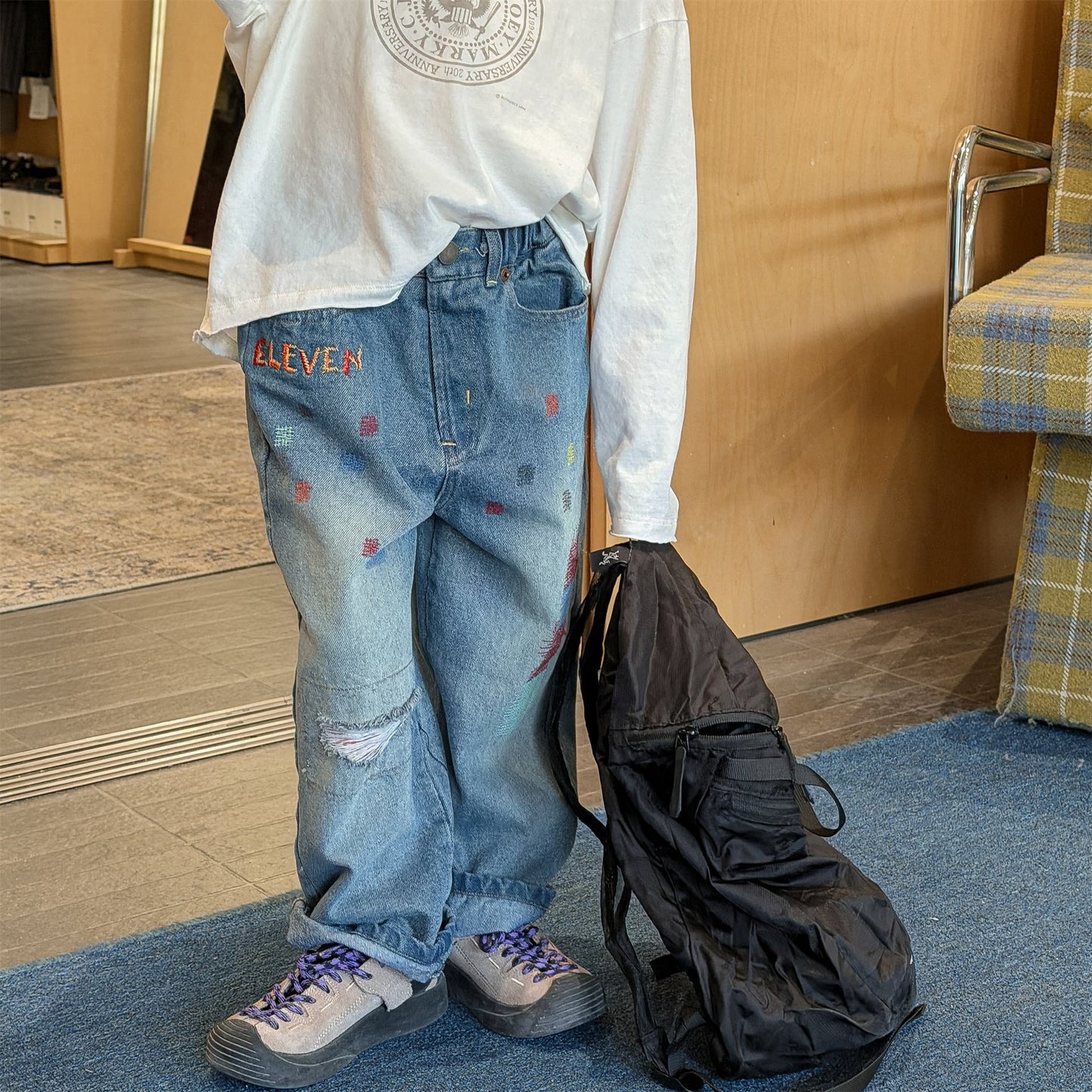 Letter Embroidery Distressed Jeans 刺繍 ダメージ デニムパンツ【mh0012475】 ADbaby デニムパンツ