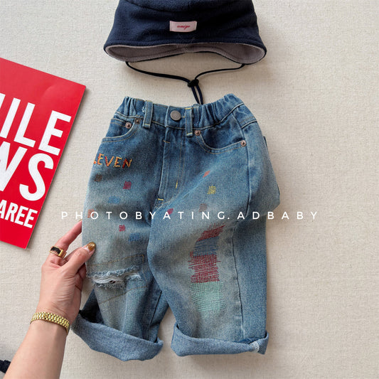 Letter Embroidery Distressed Jeans 刺繍 ダメージ デニムパンツ【mh0012475】 Blue / 80cm ADbaby デニムパンツ