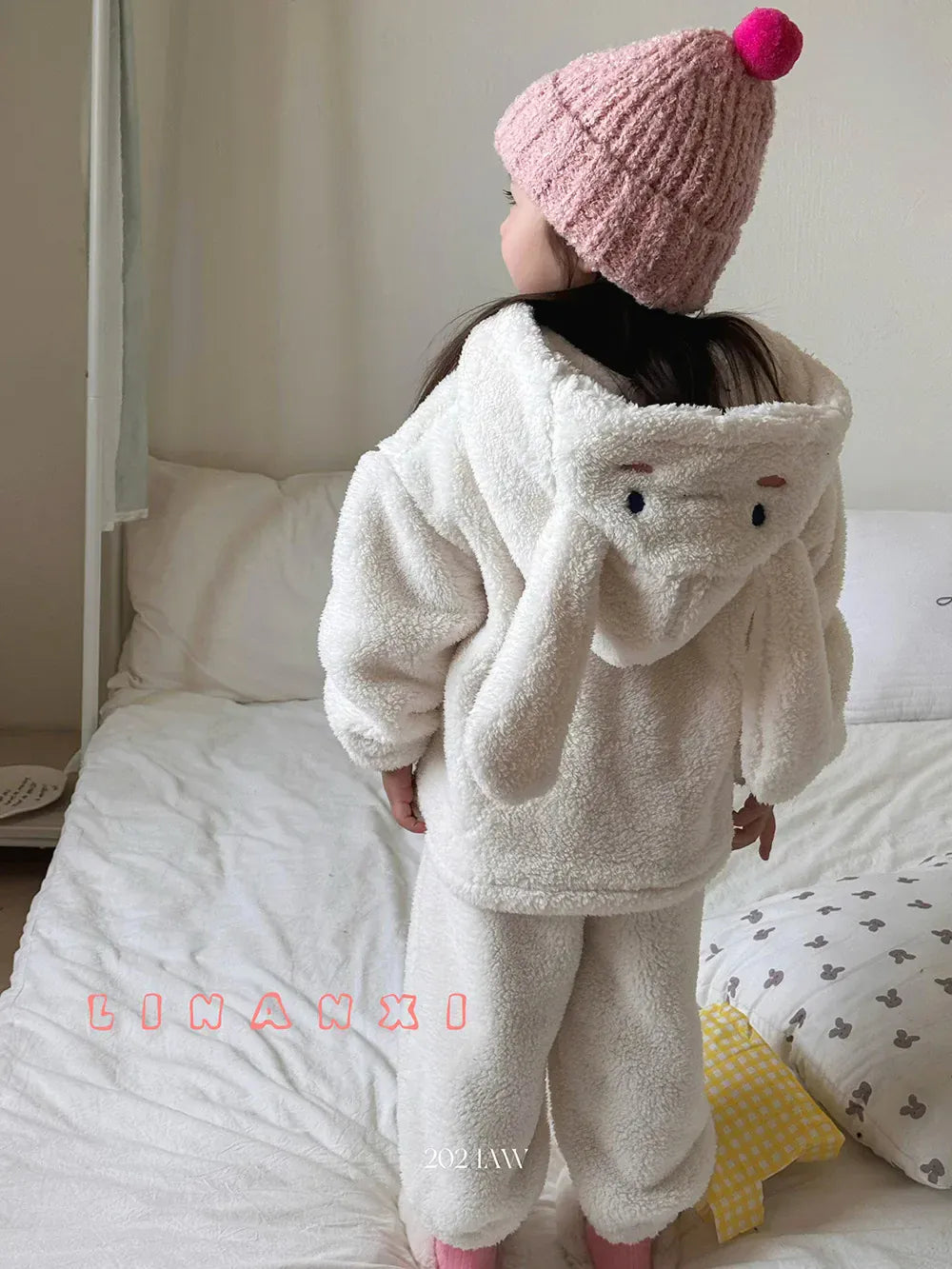 長袖パジャマ キッズセットアップ 2点セット フリースうさ耳フーディうさぎバニー長袖ジャケット+ロングパンツ ルームウェア【mh0008250】