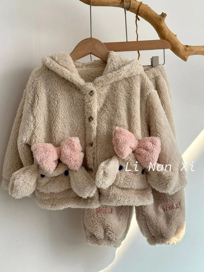 長袖パジャマ キッズセットアップ 2点セット フリースうさ耳フーディうさぎバニー長袖ジャケット+ロングパンツ ルームウェア【mh0008250】