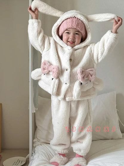 長袖パジャマ キッズセットアップ 2点セット フリースうさ耳フーディうさぎバニー長袖ジャケット+ロングパンツ ルームウェア【mh0008250】