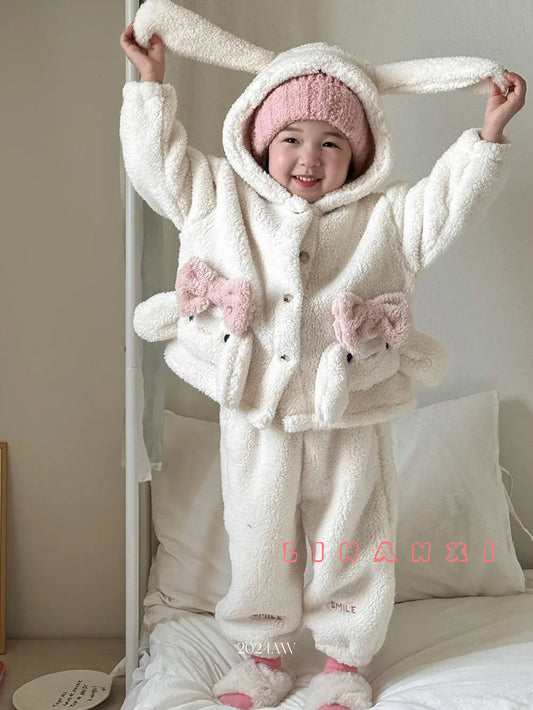 長袖パジャマ キッズセットアップ 2点セット フリースうさ耳フーディうさぎバニー長袖ジャケット+ロングパンツ ルームウェア【mh0008250】
