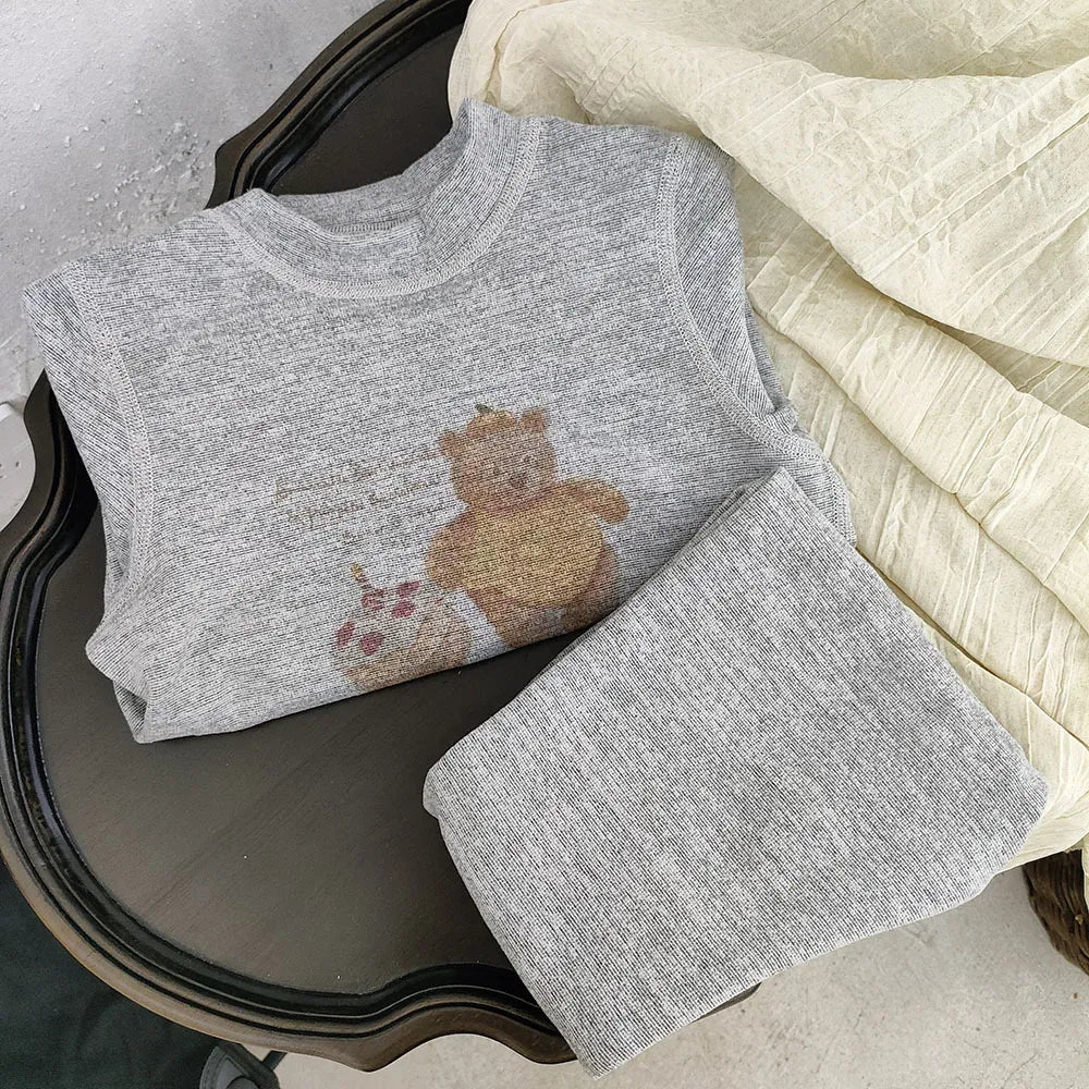 長袖パジャマ キッズセットアップ 2点セット アニマルプリントボーダー/無地長袖パジャマセット ハイネック長袖Tシャツ+ロングパンツ【mh0007851】