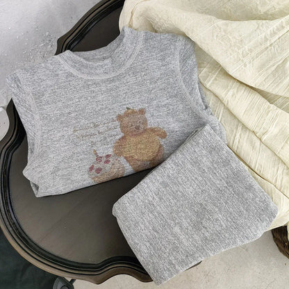 長袖パジャマ キッズセットアップ 2点セット アニマルプリントボーダー/無地長袖パジャマセット ハイネック長袖Tシャツ+ロングパンツ【mh0007851】