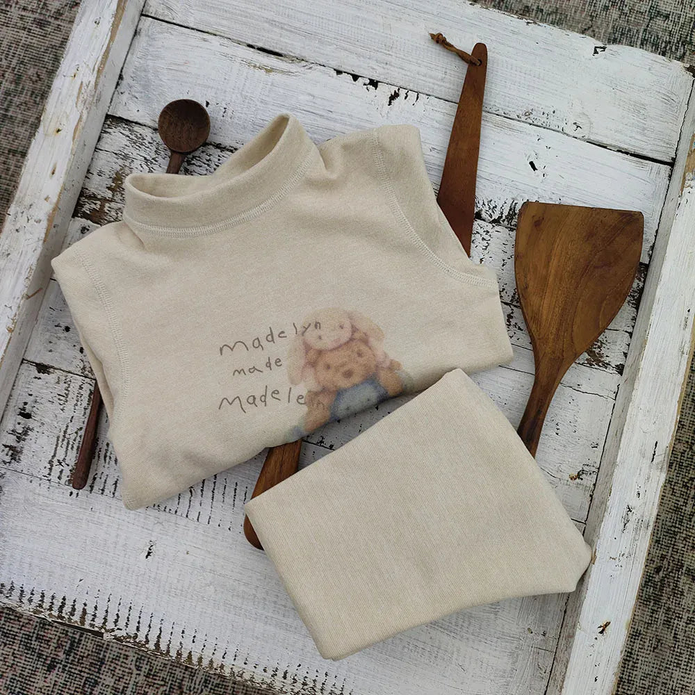 長袖パジャマ キッズセットアップ 2点セット アニマルプリントボーダー/無地長袖パジャマセット ハイネック長袖Tシャツ+ロングパンツ【mh0007851】