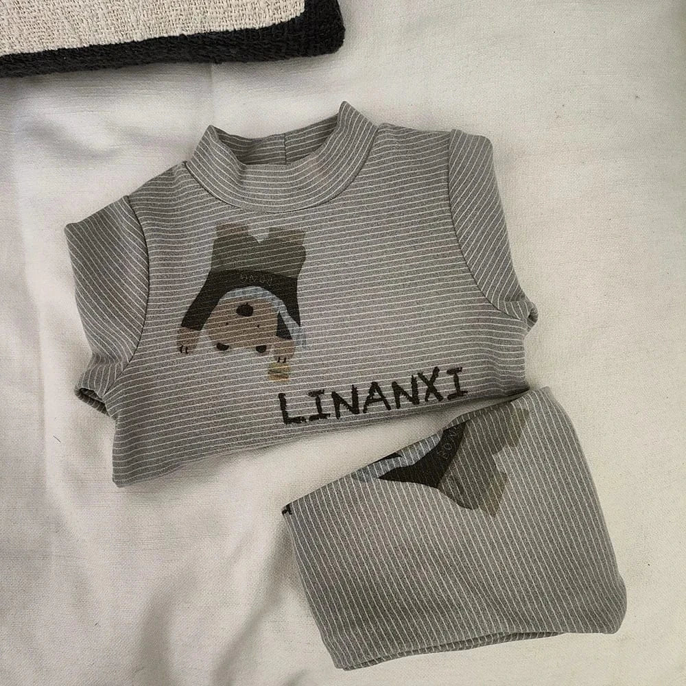 長袖パジャマ キッズセットアップ 2点セット アニマルプリントボーダー/無地長袖パジャマセット ハイネック長袖Tシャツ+ロングパンツ【mh0007851】