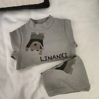 長袖パジャマ キッズセットアップ 2点セット アニマルプリントボーダー/無地長袖パジャマセット ハイネック長袖Tシャツ+ロングパンツ【mh0007851】