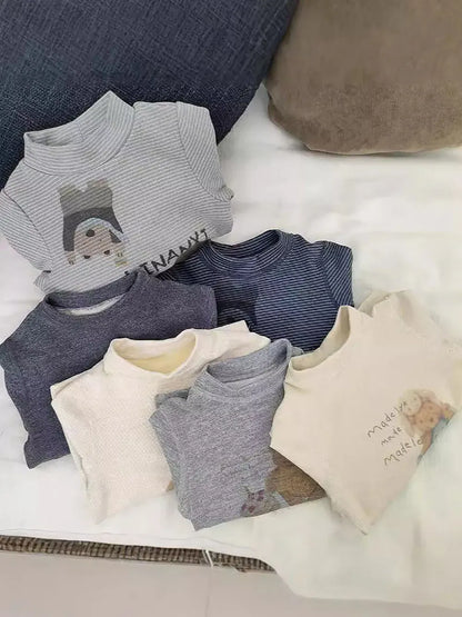 長袖パジャマ キッズセットアップ 2点セット アニマルプリントボーダー/無地長袖パジャマセット ハイネック長袖Tシャツ+ロングパンツ【mh0007851】