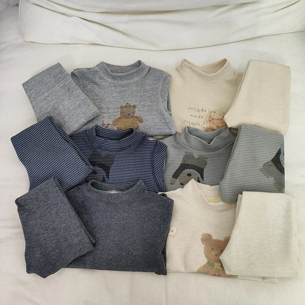 長袖パジャマ キッズセットアップ 2点セット アニマルプリントボーダー/無地長袖パジャマセット ハイネック長袖Tシャツ+ロングパンツ【mh0007851】